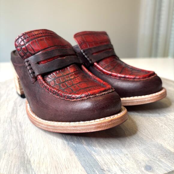 Freebird by Steven Collins Clogs Wine Multi Red Leather Croc Embossed Heels Sz 7 - Picture 7 of 11